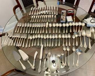 85 pieces of  Vintage Wallace Rosepoint Sterling Silver Flatware Set. 
Different Serving Pieces 
including Reed & Barton Sterling Silver Florentine 
VINTAGE REED & BARTON MIRRORSTELE 
Towle - 'El Grandee' 
Tuileries by Gorham Sterling 
Reed & Barton FRANCIS
Sir Christopher by Wallace
