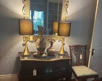 Painted French Bombe Chest, Large Silver Painted Mirror