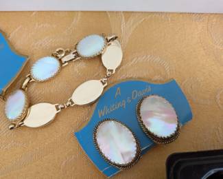 Whiting & Davis Goldtone Mother of Pearl bracelet and clip-on earrings