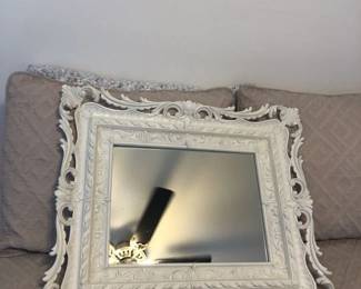 White Wooden Look Wall Mirror with Fancy Frame