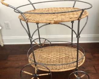 Very Nice Wrought Iron and Wicker Rolling Bar Cart