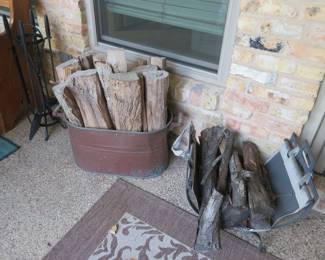 Log holder, copper tub, fireplace tools