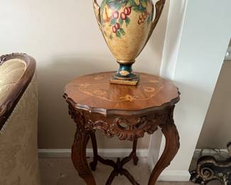 Pair of matching side tables with matching urns 