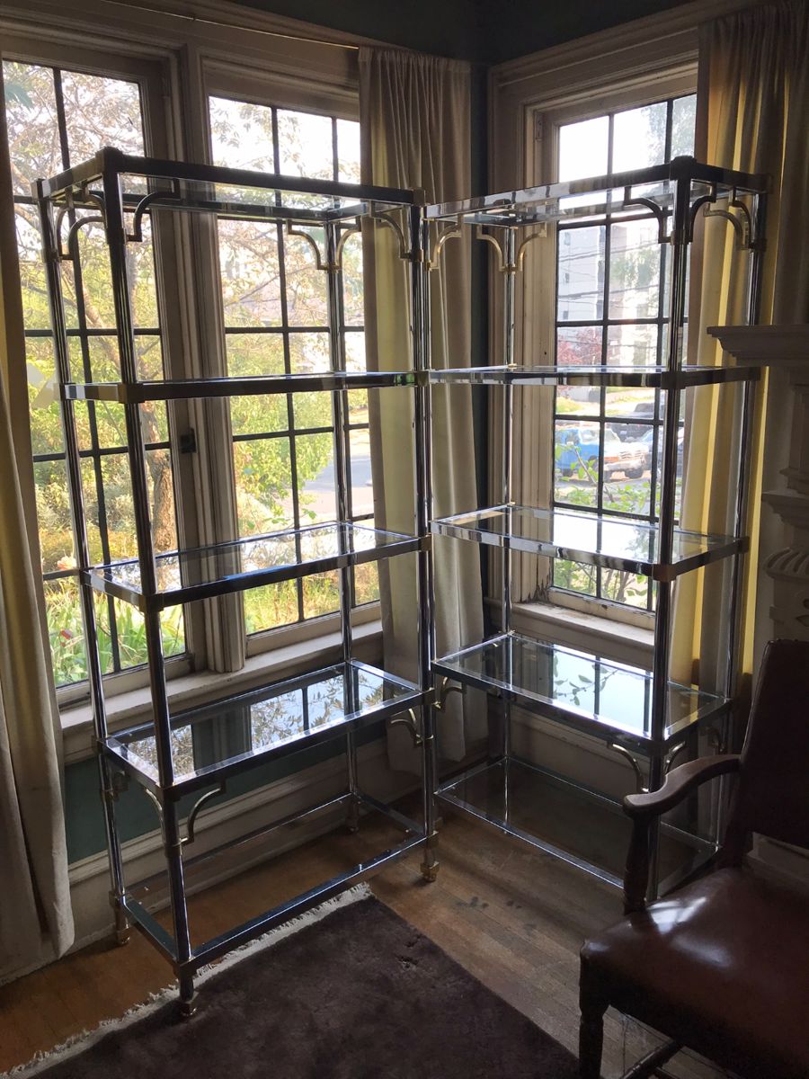 Rare Maison Jansen chrome shelf units (2) with brass accents, MCM, 1980’s.