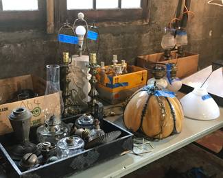 Antique lamps, hurricane lamp bases and parts, lamp shades and miscellaneous lighting.