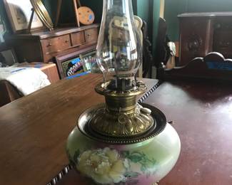 Hand painted antique hurricane lamp.