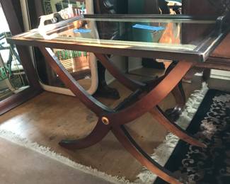 Side serving table with removable glass.