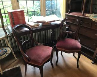 Victorian chairs in a rose colored velvet, beautiful condition, set of four.