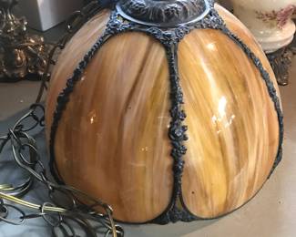 Antique slag glass hanging light fixture.