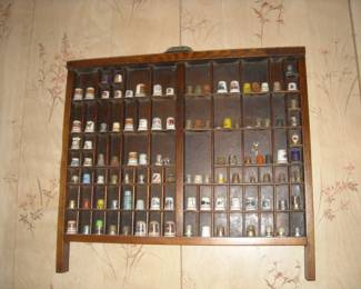 Large Thimble collection in nice wooden wall display case,