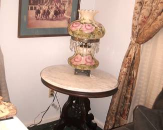 Large "Gone with the Wind" style lamp with chimney, has 3 light settings.  Beautifully embellished with pink roses.  