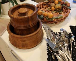 Nessin Denmark wood salad bowl & ice bucket; Berghof stainless flatware