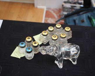 Sterling & enamel salt & pepper shakers; Baccarat elephant