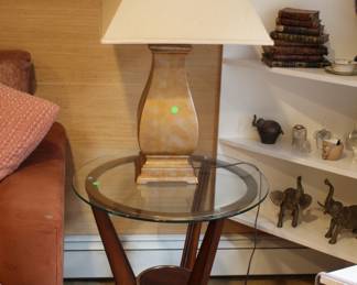Pair glass top round end tables & lamps