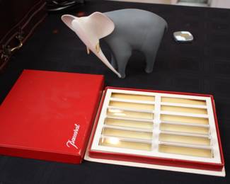 Baccarat knife rests (partial set); Royal Dux elephant by Jaroslav Jezek