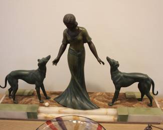 Art Deco bronze lady with hounds by Pierre Hugonnet