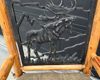 LODGEPOLE FURNITURE MFG Pine Armchair with Cast Iron Moose Art