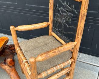 LODGEPOLE FURNITURE MFG Pine Armchair with Cast Iron Moose Art
