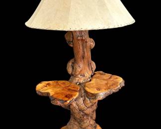 Redwood Burl Lamp Table / Stand with Live Edge and Leather Shade