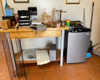 Workbench and small fridge