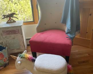MacKenzie Childs wing chair and unicorn bench