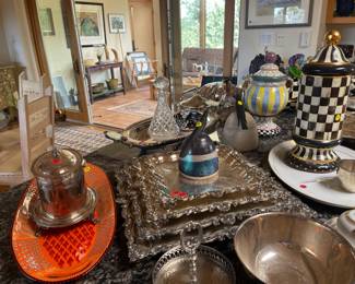 MacKenzie Childs and silver plate service pieces