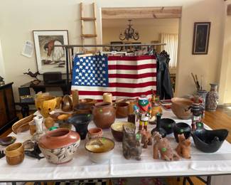 Navajo American Flag rug, pottery and wood ware