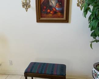 PIANO BENCH/ PAIR WALL SCOUNCES/STILL LIFE OIL PAINTING 