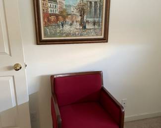 RED UPHOLSTERY ARM CHAIR/FRENCH SCENE OIL PAINTING 