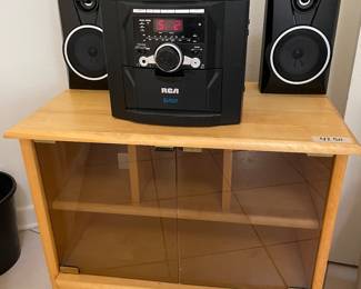 RCA CASSETTE PLAYER AND SPEAKERS/ SMALL ENTERTAINMENT CABINET 