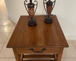 OAK SIDE TABLE/ 2 LARGE CANDLE HOLDERS