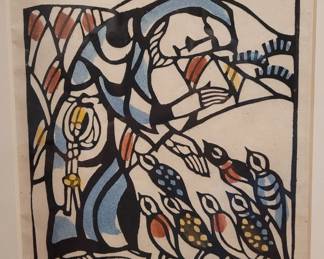 Sadao Watanabe signed woodblock..."St Francis and the birds"