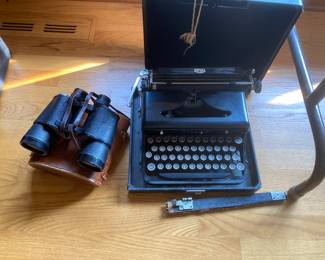 1930's Royal O typewriter with case.  Vintage binoculars with case
