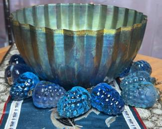 Blue Green Ribbed Metal Bowl With Other Decor