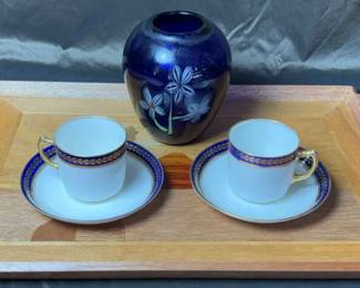Cobalt Blue Demitasse Espresso Cups, Blue Glass Vase Wood Tray
