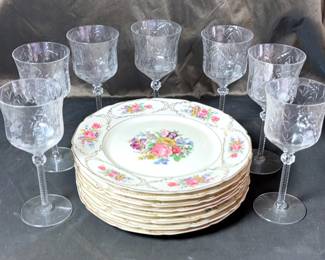 Rock Sharpe Cut Crystal Burleigh Goblets  Continental Ivory Plates