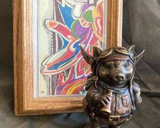 Porkus Machine Steampunk Bronze Colored Figure one And Abstract Art Print 