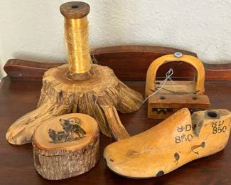Items Crafted From Wood Ink well, Shoe mold, Sewing Notions and Trinket Box 
