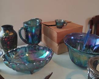 Purple Carnival Glass punch bowl and 24 cups set