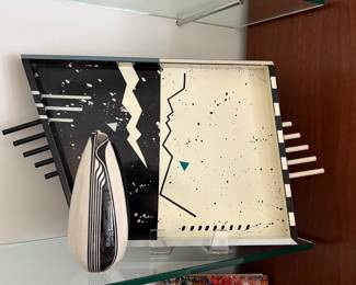 Modern Hollis Fingold Hand Painted Abstract Serving Tray Shown with a Stunning Signed John Pritchard Studio Pottery Tuxedo Vase