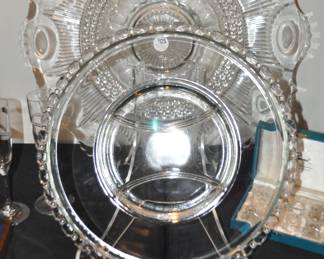 Amazing Val St. Lambert 17" Divided Platter.  Shown with an Amazing 22" Cut Glass Platter