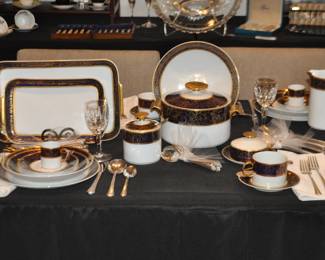 Rare Schmidt Porcelana Brazil Fine China in Cobalt Blue, Gold and White, 5 Piece Place Setting For Seven. Includes 8 Serving Pieces! All in Pristine Condition!