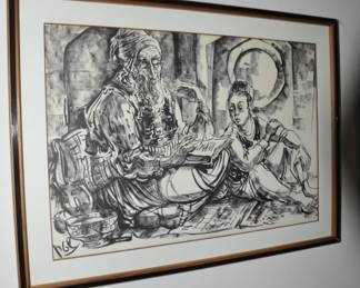 Jossi Stern  (Israeli Master Artist 1923-1992). "Sephardic Rabbi Studying with Son".  Signed Print, 22" x 16.5".