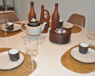 Great Snack Set by Jonas Roberts for Terra Stone in Snow White and Brown, No. 7051 (set of Four), Shown With a Vintage Poker Set and a MCM Arabia Made in Finland Ceramic Tea Pot and More!