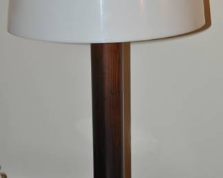 Mid Century Modern Table Lamp with Wood Column, Flat Dome White Shade and Stainless Circular Base. (18"H) Shade AS IS