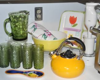 Still More Fantastic Kitchen Ware Including Small Appliances by Braun, a Vintage Yellow Pyrex Mixing Bowl, a Yellow Chantal Tea Kettle and More Vintage Avocado Green Glassware
