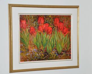 Lovely John Olin Gardner (Canadian b. 1951) "Red Tulips", an Original "Plein Air",  Signed Oil on Canvas. 32" x 28"