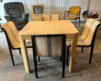 Fantastic Vintage Dining Table/Game Table in a Varnished Grasscloth,  36" x 29" x 36". Shown with a Set of 4 Knoll Black Walnut Bentwood Dining Chairs, Chairs Sold Separately.