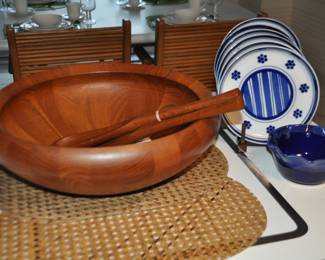 Gorgeous Early Danish Dansk Teak Serving Bowl with Utensils Designed by Jens Quistgaard.  Shown With a Set of 6 Dansk Blue and White Plates and a "Shifra" Signed Ceramic Bowl