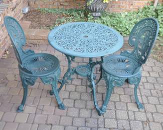 Adorable Cast Aluminum Outdoor 26" Bistro Dining Set in a Rust Resistant Powder Coated Finish.